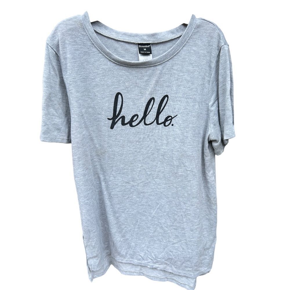Stranded | Womens Graphic Tee with the word Hello Medium Grey Soft Tee